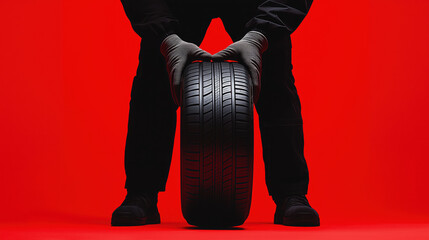Car tire held by mechanic hands on red background. Automotive service
