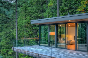 A modern glass cabin with sliding glass doors opening onto a deck, set against a backdrop of dense forest
