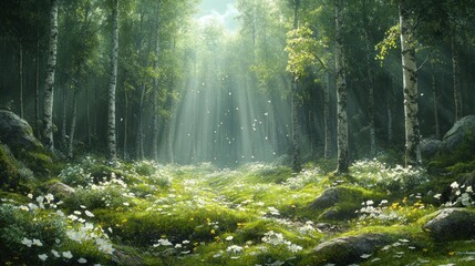 Obraz premium A serene forest scene with sunlight filtering through trees, illuminating wildflowers.