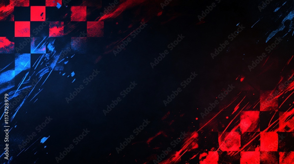 Poster abstract racing checkered flag background with vibrant red and blue streaks.