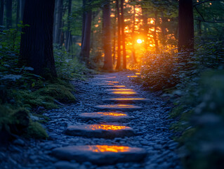Sunlit stone path through a dark forest at sunset.