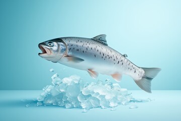 Fresh trout leaping out of ice culinary showcase studio setting vibrant blue background