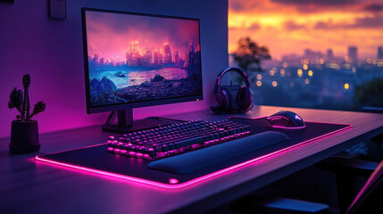 A tech setup with gaming accessories like mechanical keyboards, RGB mice, and headsets glowing in the dark