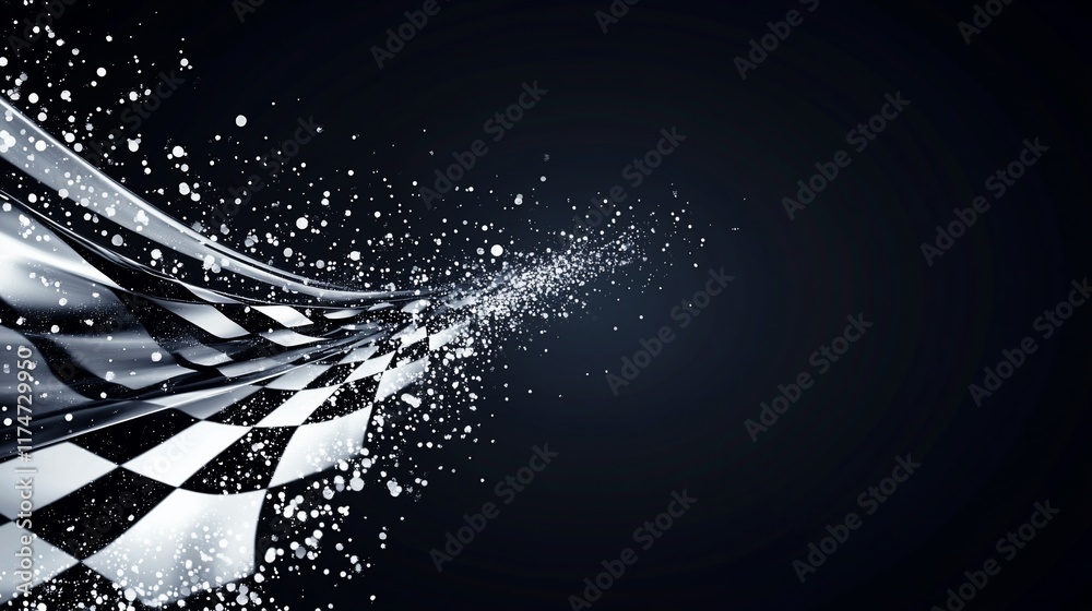 Poster Checkered flag waving in motion, with particles and splashes.