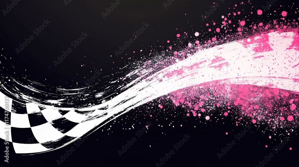 Poster Abstract checkered flag design with pink splashes on dark background. (1)