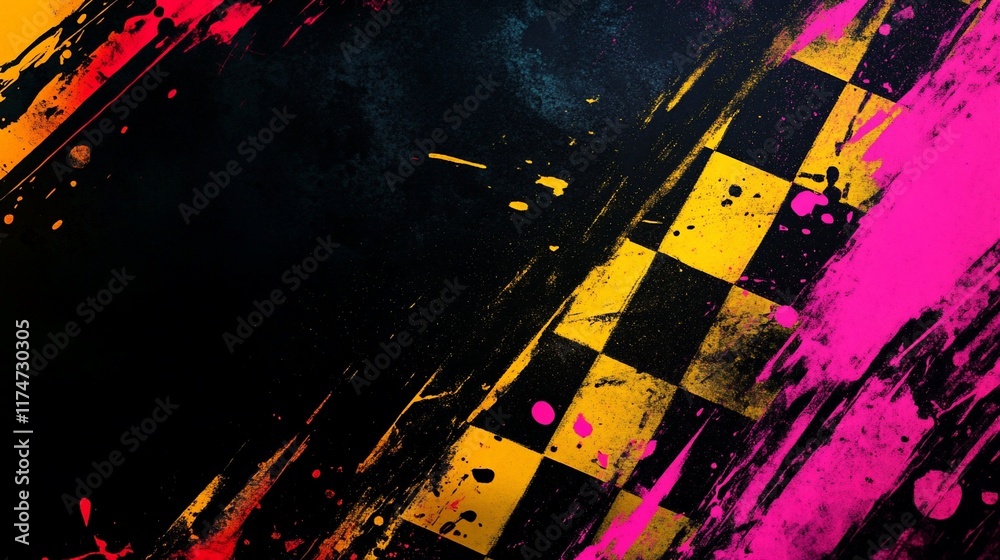 Poster Abstract design with vibrant paint splatters and checkered pattern. (1)