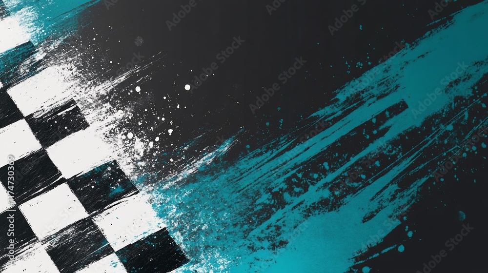 Poster abstract checkered flag graphic design with teal paint splatter.