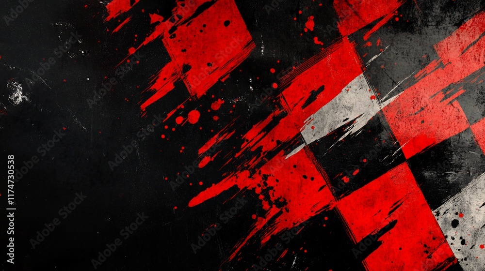 Poster grunge checkered flag with red and black distressed paint splatter.