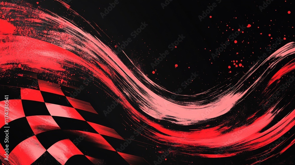 Poster Abstract checkered flag design with red and black streaks and dynamic waves.