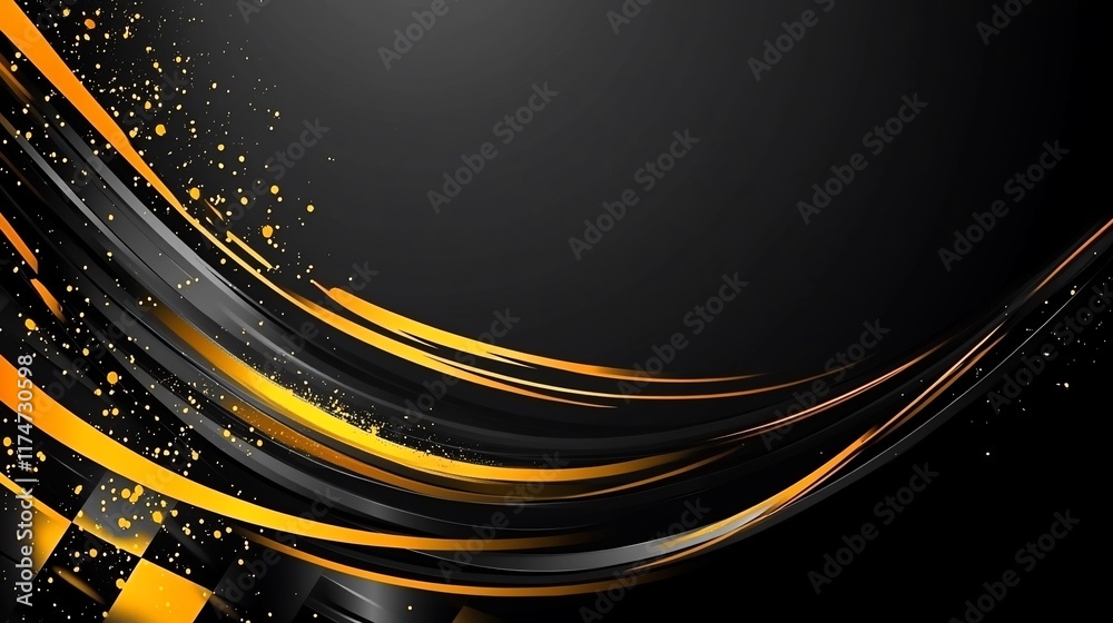 Poster Abstract racing flag background with black and orange dynamic curves.