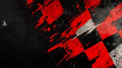 Grunge checkered flag with red and black distressed paint splatter.