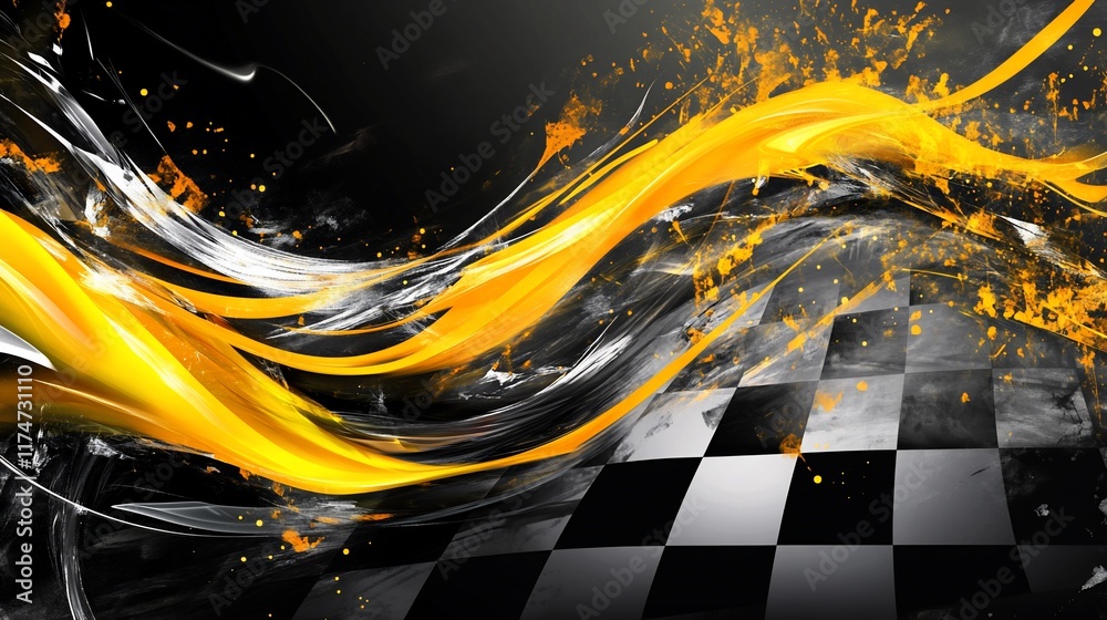 Poster Abstract racing background with dynamic yellow and black streaks over checkered pattern.