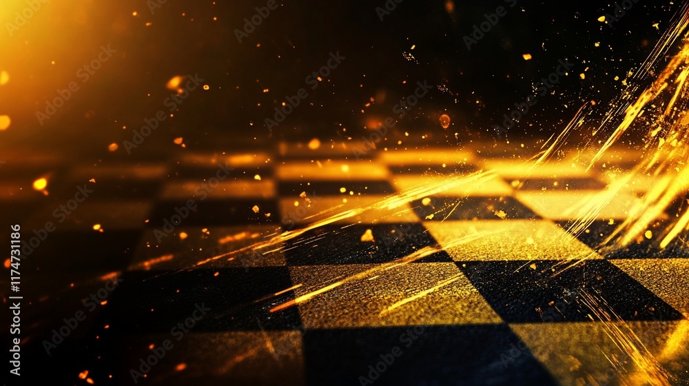 Poster checkered floor with golden, fiery splashes and sparks.