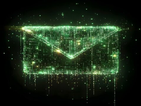 Neon Green Binary Email Icon Against Dark Digital Matrix Background