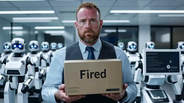 Worker faces termination as robots dominate the office environment in a futuristic setting, A man stands in an office holding a box labeled Fired