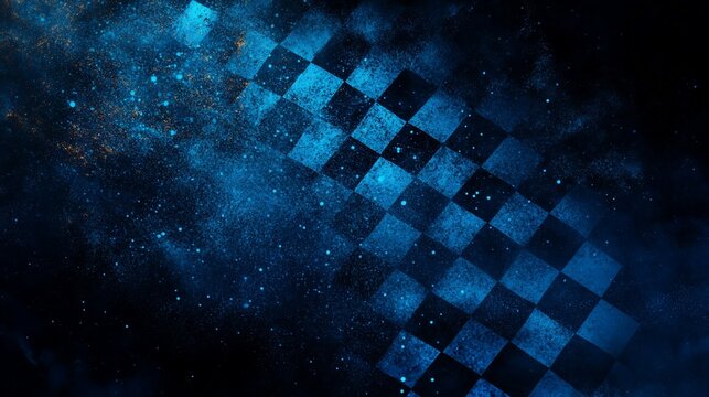 Checkered flag graphic design with abstract background of blue dust and particles, creating a dynamic racing theme..