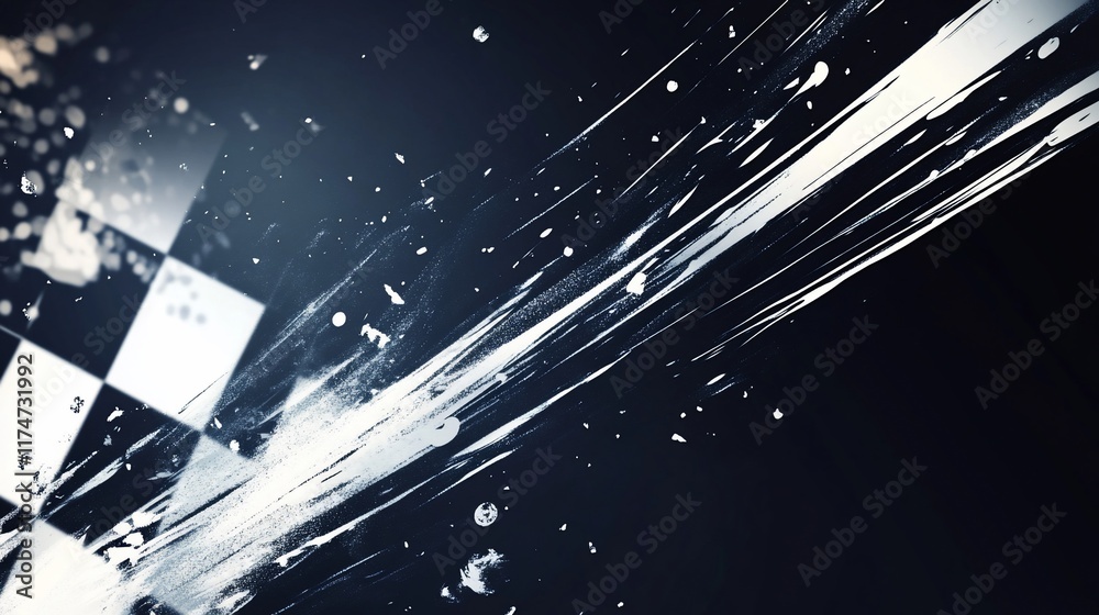 Poster Abstract graphic design with white streaks and a checkered pattern.