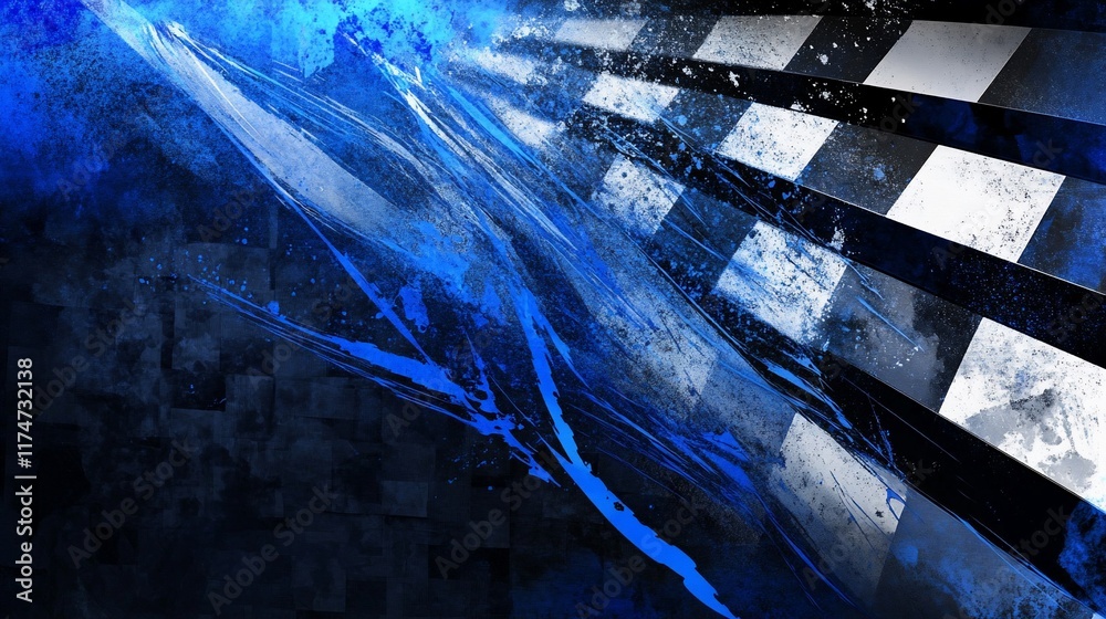 Poster Abstract racing checkered flag background with dynamic streaks of blue.