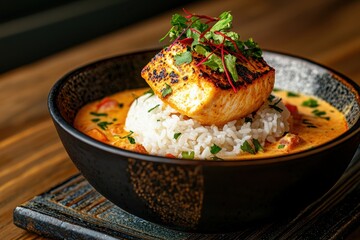 Fusion curry dish in modern bowl restaurant setting