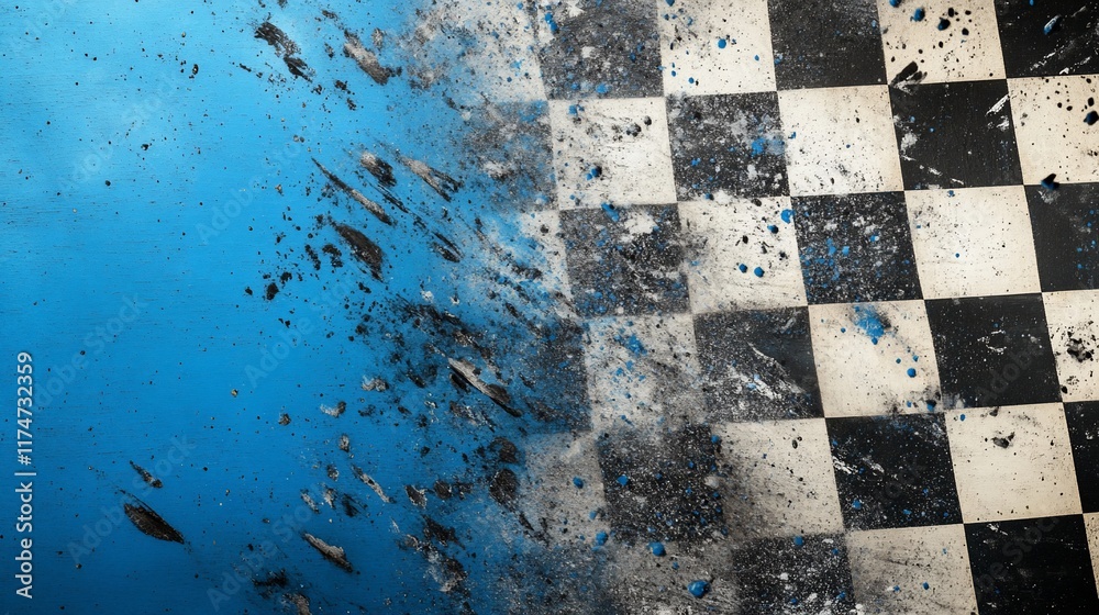 Poster racing finish line with blue and black splatters on checkered flag.
