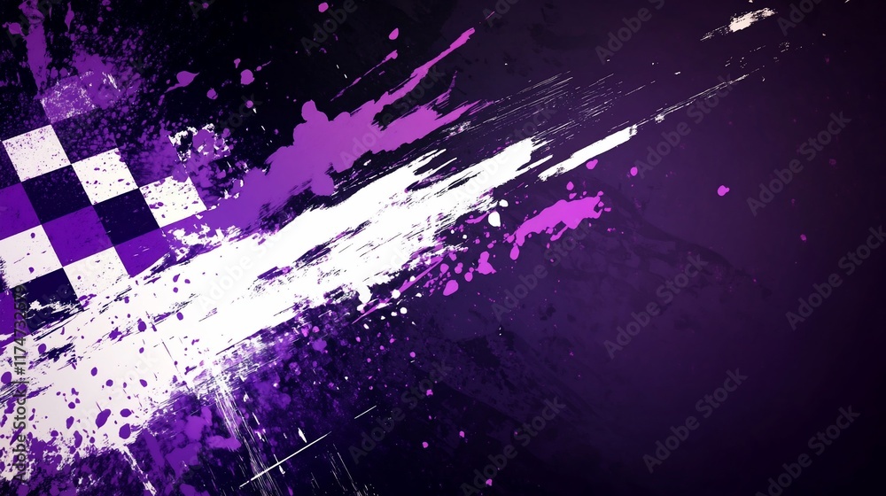 Poster abstract racing flag design with purple and white splatters.