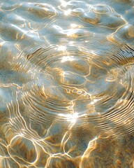 Rippling circles on a clear water surface, glistening under summer sunshine, tranquil design, perfect for spa or body care, relaxing summer atmosphere, serene water ripples