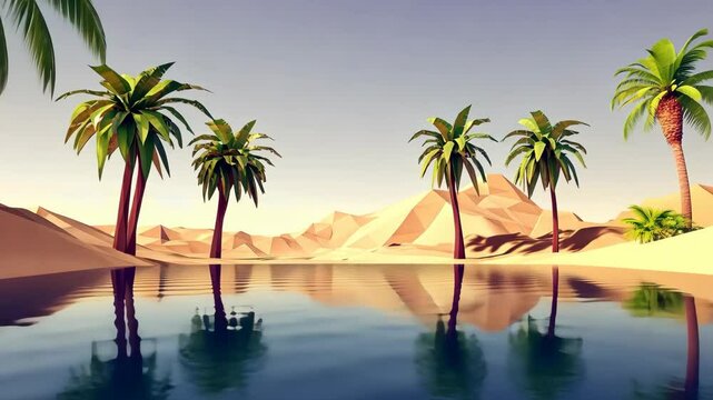 Serene Oasis Low Poly Palm Trees Reflecting in Calm Desert Water