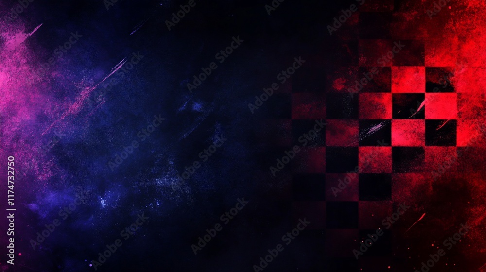 Poster abstract checkered flag background with grunge texture and vibrant colors.