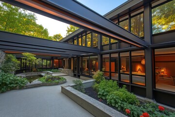 A modern mansion with sleek steel beams, ample windows, and a sunken garden area