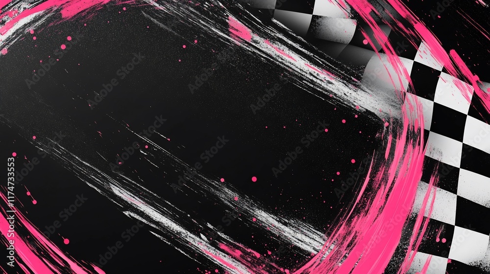 Poster abstract racing flag design with pink brushstrokes.