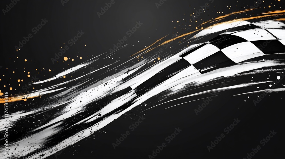 Poster abstract checkered flag design with dynamic brushstrokes and gold accents.
