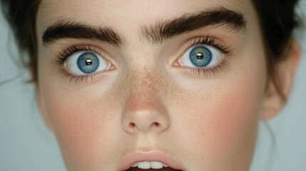 Fototapeta premium Unusual beauty with striking blue eyes and bold eyebrows in a close-up portrait shot
