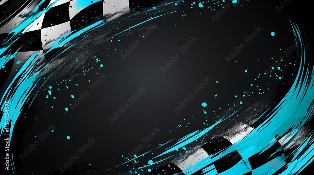 Aufkleber Abstract checkered flag background with dynamic turquoise brush strokes.