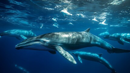 Fototapeta premium Mesmerizing Underwater Encounter: Bryde's Whales in their Oceanic Realm