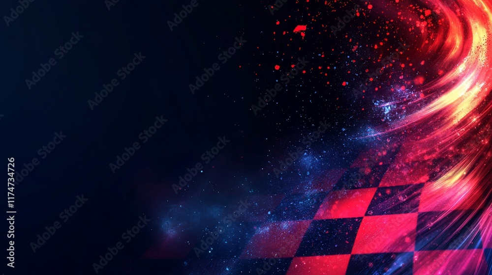 Poster Abstract racing checkered flag background with vibrant colors and dynamic light effects.