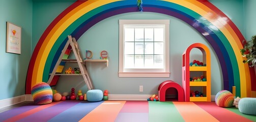 A colorful rainbow playground room serves as a vibrant backdrop for photo studio sessions, providing an engaging and playful environment for children's photography