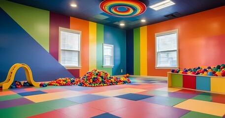 A colorful rainbow playground room serves as a vibrant backdrop for photo studio sessions, providing an engaging and playful environment for children's photography