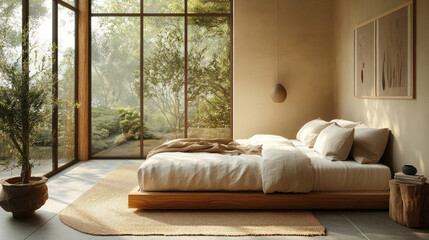 Japandi-inspired bedroom with a simple platform bed, neutral bedding, and warm wood tones