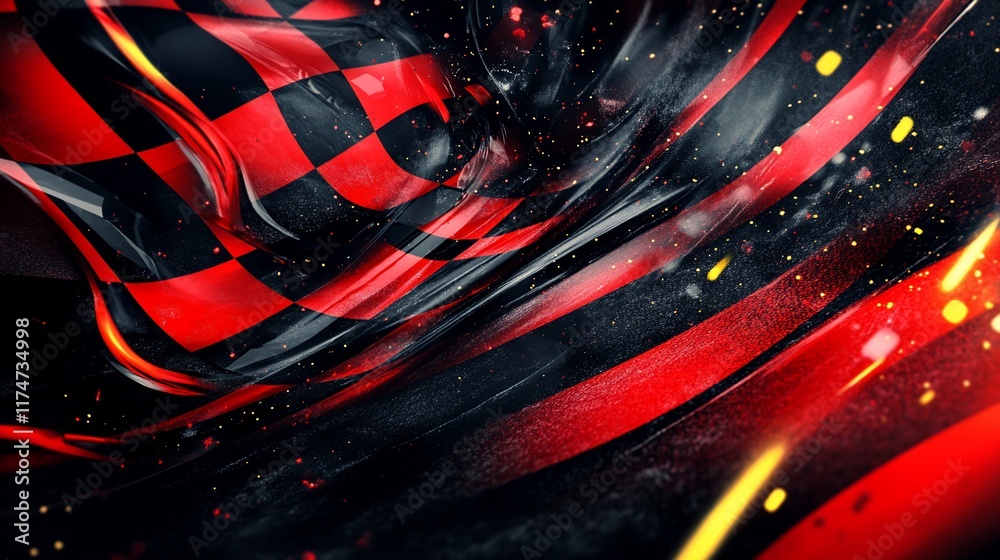 Aufkleber abstract checkered flag design with vibrant red and black colors, dynamic and energetic movement.