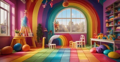 A colorful rainbow playground room serves as a vibrant backdrop for photo studio sessions, providing an engaging and playful environment for children's photography