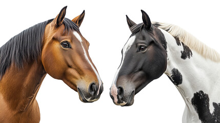 Close-up portraits of two horses, one bay and one black-and-white pinto, isolated on a transparent background for design and equestrian themes.