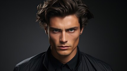 Fototapeta premium Intense Gaze: A Striking Portrait of a Man with Dark Hair and a Serious Expression