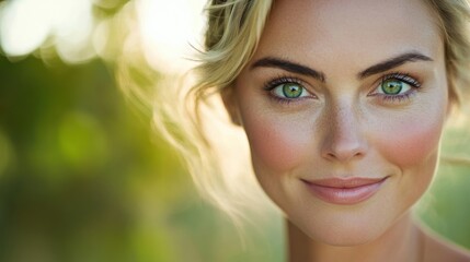 Fototapeta premium Portrait of a woman with striking green eyes and natural beauty in a vibrant outdoor setting at golden hour