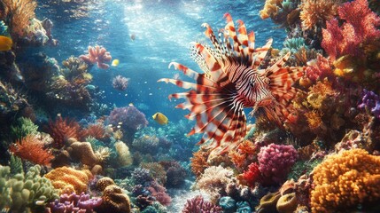 Vibrant lionfish amidst colorful coral reef, sunlit underwater scene.