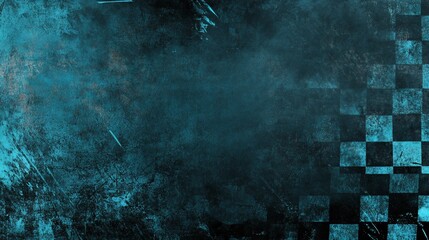 Grunge checkered background, teal and grey tones with distressed texture.