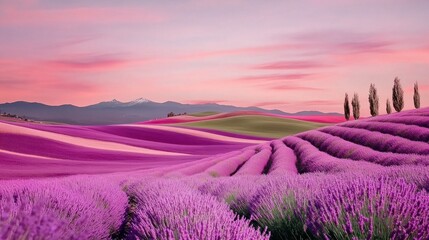 Fototapeta premium Surreal Landscape of Rolling Hills Covered in Vibrant Lavender Under a Pink Sky
