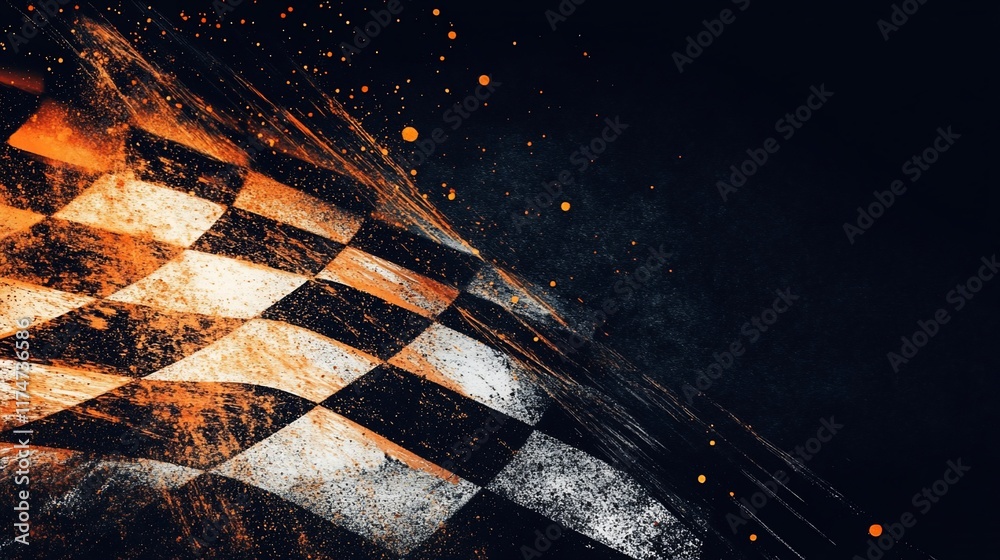 Poster Checkered flag waving with fiery texture.