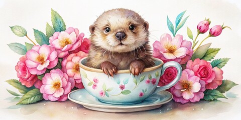 Adorable Otter in Pink Floral Teacup - Watercolor Painting Stock Photo