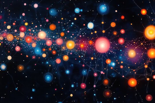 Colorful cosmic connections illuminate the night sky with vibrant celestial bodies and intricate patterns