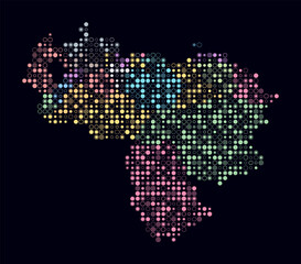 Venezuela, shape of the country build of colored cells. Digital style map of the Venezuela on dark background. Small size circle blocks. Modern vector illustration.